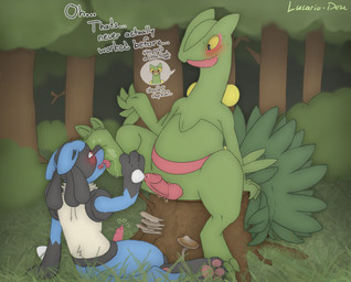 animal_genitalia animal_penis anthro blush bodily_fluids canine_genitalia canine_penis dialogue dominant duo feet foot_fetish foot_focus foot_lick foot_play forest forest_background genital_fluids genital_slit genitals inner_monologue knot knotted_penis licking male male/male nature nature_background paws penis plant precum sitting territorial thinking tongue tree lucario-desu nintendo pokemon generation_3_pokemon generation_4_pokemon lucario pokemon_(species) sceptile hi_res