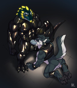 anthro anthro_on_anthro anthro_penetrated anthro_penetrating anthro_penetrating_anthro black_clothing black_latex black_pawpads black_skinsuit black_topwear blue_body blue_fur blue_hair blue_penis blue_tail bodily_fluids bottomless cheek_spikes chin_spikes clothed clothing cum cum_in_mouth cum_inside cum_string duo ears_back erection eyes_closed facial_spikes fur genital_fluids genitals hair head_spikes holding_leash holding_object humanoid_genitalia humanoid_penis kneeling latex latex_clothing latex_skinsuit leash male male/male male_penetrated male_penetrating male_penetrating_male mouth_closed muscular muscular_anthro muscular_male open_mouth pawpads penetration penis penis_in_mouth pivoted_ears pupils sex short_hair skinsuit slit_pupils spikes spikes_(anatomy) standing tail tight_clothing topwear vein veiny_penis white_body white_fur white_tail yellow_eyes solaxe_(artist) canid canine mammal scalie absurd_res hi_res