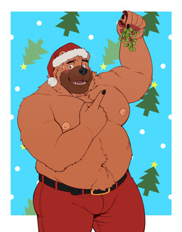 anthro barazoku belly belly_hair belt biceps blush bodily_fluids body_hair border bottomwear bulge chest_hair christmas_background christmas_clothing christmas_headwear clothed clothing gesture hand_gesture hat headgear headwear holding_mistletoe holidays looking_at_viewer male manly mature_male mistletoe navel nipples open_mouth pants pecs plant pointing red_bottomwear red_clothing red_pants santa_hat slightly_chubby solo sweat sweatdrop topless triceps white_border naikuma christmas bear mammal 2024 hi_res