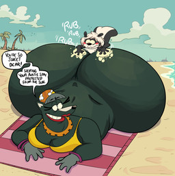 anthro beach big_butt blush bracelet breasts butt butt_massage cleavage clothed clothing dialogue duo embarrassed female hand_on_butt hat headgear headwear huge_butt huge_hips hyper hyper_butt jewelry larger_female lipstick lying macro makeup male male/female motion_lines on_front onomatopoeia palm_tree plant rubbing_butt scared sea size_difference sky smaller_male sound_effects speech_bubble tail text towel tree water wide_hips happypokeyboy toonimals aunt_odor sai_(saitheskunk) mammal mephitid skunk absurd_res english_text hi_res