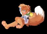 anthro barefoot biped black_background black_lips blue_eyes brown_body brown_fur brown_hair feet fur hair lips male open_mouth simple_background solo teeth tongue rikitoka canid canine fox mammal