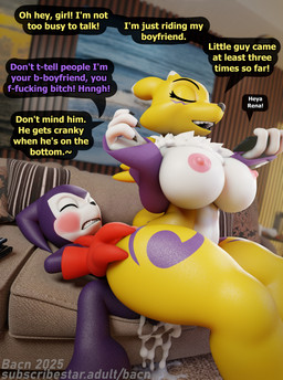 ambiguous_penetration anthro areola balls big_breasts blush bodily_fluids breasts claws clenched_teeth cum cum_inside detailed_background dialogue dominant dominant_female duo electronics eyes_closed female female_penetrated fingers from_behind_position furniture genital_fluids genitals hand_on_butt huge_breasts inside insult larger_female male male/female male_penetrating male_penetrating_female nipples nude on_lap open_mouth penetration penile phone phone_call profanity sex sitting_on_another sitting_on_lap size_difference smaller_male smile sofa sofa_sex speech_bubble submissive submissive_male teeth text white_body yellow_body bacn bacn_(modeler) bandai_namco digimon impmon_(bacn) renamon_(bacn) canid canine digimon_(species) fox imp impmon mammal renamon 2025 3d_(artwork) absurd_res blender_(artwork) blender_cycles_(artwork) digital_media_(artwork) english_description english_text hi_res