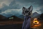 2019 absurd_res anthro blue_clothing burning car clothed clothing cloud detailed_background fire fur grey_body grey_fur hi_res hoodie jacato male mammal outside procyonid raccoon red_eyes road sign sky smoke solo topwear vehicle whiskers