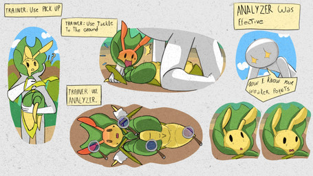 anthro blush bodily_fluids carrying_another day dialogue duo female frown gameplay_mechanics green_body lying male multicolored_body nervous on_back open_mouth shocked sparkles sparkling_eyes speech_bubble standing sweat text white_body wirrued yellow_body lr2d nintendo pokemon arthropod generation_5_pokemon human insect leavanny mammal pokemon_(species) english_text hi_res spanish_description