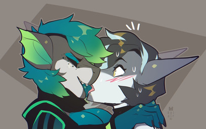 anthro big_breasts black_hair blue_body blue_hair blue_tongue blush bodily_fluids breasts cleavage clothed clothing duo female female/female freckled_face freckles french_kissing green_hair grey_body hair highlights_(coloring) kissing multicolored_body notched_ear sweat tongue two_tone_body white_body yellow_eyes fetalstar felicia_lake vern_(vernacularshark) aquatic fish shark 2021 digital_media_(artwork)