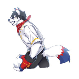 anthro black_bottomwear black_clothing black_hair black_nose black_pants blue_body blue_fur bottomwear clothed clothing fangs fur gloves hair handwear kerchief looking_aside male multicolored_body multicolored_fur narrowed_eyes neckerchief neckwear open_mouth pants red_body red_clothing red_fur red_gloves red_handwear red_kerchief red_neckerchief side_view simple_background solo teeth topwear unsigned white_background white_body white_clothing white_fur white_hair white_topwear yellow_eyes asnnonaka luptas_(asnnonaka) canid canine canis mammal wolf 1:1 portrait three-quarter_portrait