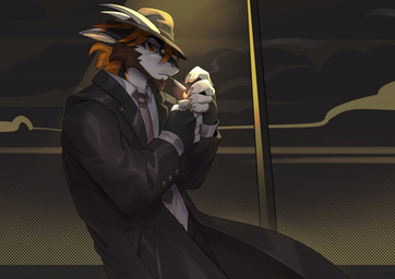 5_fingers anthro biped bottomwear cigarette claws clothed clothed_anthro clothed_male clothing coat finger_claws fingers fire fully_clothed fully_clothed_anthro fully_clothed_male hair hat headgear headwear horn looking_at_viewer male shirt solo standing topwear tlt_echelon mythology christian_(shuffl3) dragon mythological_creature mythological_scalie scalie 2026 digital_drawing_(artwork) digital_media_(artwork) hi_res