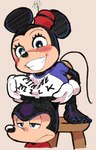 annoyed anthro black_body boob_hat boobs_on_head breasts chair clothing duo feet female furniture looking_at_viewer male male/female on_chair shirt smile standing_on_chair t-shirt tail topwear motorboatwillie disney mega_milk mickey_mouse minnie_mouse mammal mouse murid murine rodent hi_res meme