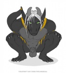 abs animal_genitalia anthro balls bent_legs bent_over biceps big_muscles biped claws crouching flaccid folded frown genitals green_eyes hair hands_on_knees hands_on_legs hands_on_own_knees hands_on_own_legs holding_both_knees holding_both_legs horn leaning_on_self looking_at_viewer male markings muscular muscular_anthro muscular_male navel nude paws pecs penis penis_tip plantigrade pupils scowl shadow sheath simple_background slit_pupils solo stripes tail text tongue white_background white_hair yellow_stripes spelunker_sal mythology voyd dragon mythological_creature mythological_scalie scalie 2012 url