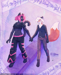 anthro beer_bottle black_body black_fur bondage_pants bottle bottomwear clothing container drugs duo eyewear female fur glasses hair male male/female marijuana orange_body orange_fur pants pink_hair sidewalk wearing_glasses white_hair jester_bells nekromystikos chel_(nekromystikos) kudo_(nekromystikos) canid canine domestic_cat felid feline felis fox mammal hi_res