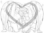 anthro blush gesture grin group heart_gesture kneeling male male/male muscular muscular_anthro muscular_male size_difference smile throuple trio wings vhb3art lifewonders tokyo_afterschool_summoners jock_protagonist_(tas) marchosias_(tas) protagonist_(tas) tadatomo_(tas) canid canine canis domestic_dog human mammal wolf hi_res line_art monochrome