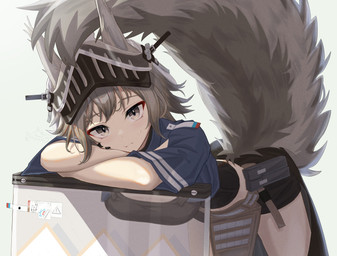 armor bodily_fluids bottomwear breasts clothing crossed_arms female grey_eyes headgear helmet looking_at_viewer shirt shorts simple_background solo sweat sweatdrop tail topwear white_background shironekoban arknights hypergryph studio_montagne ashlock_(arknights) animal_humanoid humanoid mammal mammal_humanoid rodent rodent_humanoid sciurid sciurid_humanoid tree_squirrel_humanoid 2022 digital_media_(artwork)