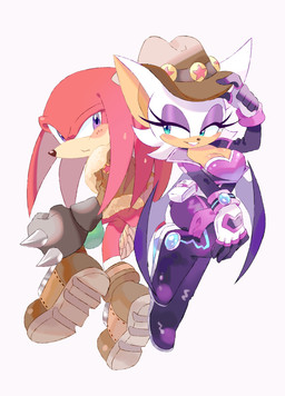 alternate_costume anthro black_clothing black_gloves black_handwear bodysuit breasts brown_clothing brown_footwear brown_jacket brown_shoes brown_topwear cleavage clothed clothing cowboy_hat duo eyeshadow female footwear gloves green_eyes handwear hat headgear headwear jacket makeup male medium_breasts purple_bodysuit purple_clothing purple_eyes purple_eyeshadow purple_skinsuit shoes skinsuit smile tight_clothing topwear ririkuma sega sonic_the_hedgehog_(series) knuckles_the_echidna rouge_the_bat bat echidna mammal monotreme absurd_res hi_res