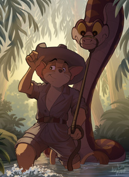 anthro clothing duo forest jake_irwin jungle male male/male plant ranger tree wet wet_clothing leo-artis disney the_rescuers_(disney) the_rescuers_down_under jake_(the_rescuers) dipodomyine heteromyid kangaroo_rat mammal reptile rodent scalie snake absurd_res hi_res