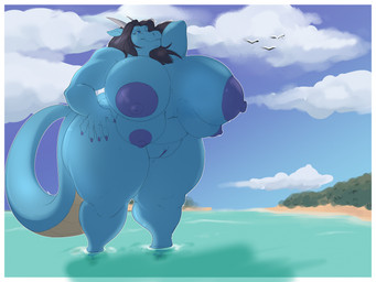 2_horns 4_breasts 5_fingers anthro areola beach belly big_areola big_breasts black_hair blue_areola blue_body blue_eyes blue_nipples border breasts cloud detailed_background eyelashes female fingers genitals hair hand_on_hip hand_on_own_hip horn huge_areola huge_breasts huge_hips huge_thighs humanoid_hands multi_breast multi_nipple navel nipple_dip nipples nude nude_anthro nude_female outside overweight overweight_anthro overweight_female partially_submerged sky smile solo supernumerary_breasts tail tan_body thick_tail thick_thighs vulva water white_border wide_hips shelterino mythology haavex ambient_bird dragon mythological_creature mythological_scalie scalie hi_res