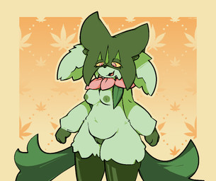 anthro areola big_ears breasts drugs female flower fur genitals green_areola green_body green_fur green_nipples marijuana medium_breasts nipples pink_eyes plant simple_background slightly_chubby slightly_chubby_female solo vulva yellow_background yellow_sclera catjamn nintendo pokemon felid feline generation_9_pokemon mammal meowscarada pokemon_(species) 2022 aliasing digital_media_(artwork) hi_res