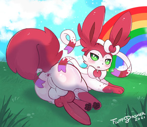 3_fingers 4_toes animal_genitalia animal_penis anus backsack balls big_balls big_penis blush blush_lines brown_inner_ear brown_pawpads butt butt_grab canine_genitalia canine_penis detailed_background feet feral fingers fluffy fluffy_tail freckled_butt freckles fur genitals gloves_(marking) green_eyes hand_on_butt heart_pawpads huge_penis knot knotted_penis leg_markings looking_at_viewer looking_back looking_back_at_viewer lying lying_on_ground male male_feral markings nature on_ground pawpads paws penis perineum presenting presenting_hindquarters presenting_penis pupils purple_body purple_fur quadruped rainbow red_body red_ears red_freckles red_fur red_knot red_markings red_paws red_penis red_tail ribbons sky socks_(marking) solo tail text toes white_body white_fur white_pupils fluffydasher nintendo pokemon fan_character fuwa_(fluffydasher) eeveelution generation_6_pokemon mammal pokemon_(species) sylveon 2021 artist_name digital_drawing_(artwork) digital_media_(artwork) hi_res shaded signature