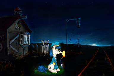 blue_hair building clothing cutie_mark dark female fence feral flag grass hair hat headgear headwear house lamp lantern light necktie night outside plant railway_track sitting sky solo star suit train_station tree madhotaru hasbro my_little_pony equid equine horse mammal pony 2013 3:2