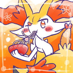 ambiguous_anthro ambiguous_gender anthro biped blush blush_stickers border bowl container dipstick_tail eating eating_food food holding_bowl holding_container holding_object looking_at_viewer low-angle_view markings narutomaki noodles object_in_tail one_eye_closed puffed_cheeks rear_view shrimp_(food) simple_background snout solo spiral standing tail tail_markings three-quarter_view white_border annyui0611 nintendo pokemon braixen canid generation_6_pokemon mammal pokemon_(species) 1:1 2024 half-length_portrait hi_res japanese_description portrait translated_description