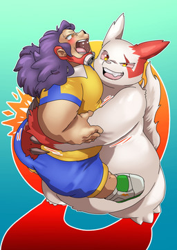 ambiguous_gender bear_hug blue_bottomwear blue_clothing blue_shorts blush bodily_fluids bottomwear cheeky clothing duo embarrassed fangs footwear fur hair happy hug male one_eye_closed open_mouth purple_hair red_body red_fur red_sclera shirt shorts soccer_uniform sportswear sweat tail teeth tongue topwear uniform white_body white_fur yellow_clothing yellow_shirt yellow_topwear young young_human nexusthelife inazuma_eleven_(series) nintendo pokemon amagi_daichi generation_3_pokemon human mammal pokemon_(species) zangoose 2023 absurd_res hi_res japanese_description