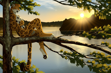 anthro biped black_lips brown_hair day detailed_background digitigrade hair in_tree lake lips male nude outside plant sitting sky smile solo sun tree akitamonster felid jaguar mammal pantherine 2018 digital_media_(artwork)