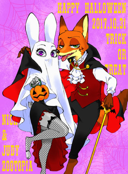 anthro barefoot cape claws clothed clothing costume dress duo feet female fishnet_clothing fishnet_legwear fur green_eyes holidays legwear looking_at_viewer male purple_eyes simple_background smile stockings text thigh_highs toe_claws topwear vest walking_stick kanata madkanatan disney halloween zootopia judy_hopps nick_wilde canid canine fox lagomorph leporid mammal rabbit red_fox true_fox vampire 2017 absurd_res hi_res