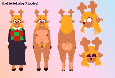 anthro antlers blonde_hair breasts butt chest_tuft clothing female genitals gynomorph hair hooves horn intersex nude penis pubes red_nose slightly_chubby solo spots tuft playdoe deltarune undertale_(series) noelle_holiday deer mammal new_world_deer reindeer hi_res model_sheet trans_(lore) trans_woman_(lore)