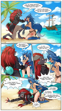 angry anthro areola beach black_body black_fur blue_body blue_fur bottomwear breaking_restraints breasts chain claws clothed clothing cuff_(restraint) day dominant dominant_female dominant_humanoid duo feet female female_on_anthro fur glistening_thighs gold_(metal) gold_jewelry gold_necklace handcuffed handcuffs imminent_vore island jewelry kneeling loincloth male male/female metal_cuffs navel necklace nipples outside palm_tree pawpads paws pink_areola pink_nipples pirate pirate_outfit plant restraints sand scared sea shackles ship sky smile speech_bubble standing talking_to_another tattoo text toes tree vehicle water watercraft tsavo cygames granblue_fantasy nintendo pokemon fenrir_(granblue_fantasy) rai_(radarn) animal_humanoid canid canid_humanoid canine canine_humanoid generation_5_pokemon humanoid mammal mammal_humanoid pokemon_(species) wolf_humanoid zoroark absurd_res comic digital_media_(artwork) english_text hi_res