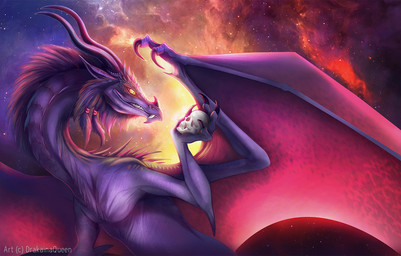 2_horns 4_fingers ambiguous_feral ambiguous_gender backlighting bared_teeth bone braided_hair claws cosmic_background facial_spikes fantasy feral finger_claws fingers grin hair holding_skull horn human_skull light long_ears looking_at_object looking_at_skull magenta_wings membrane_(anatomy) membranous_wings pointy_ears pupils purple_body purple_claws purple_horn purple_scales purple_spikes quadruped scales skull slit_pupils smile solo spikes spikes_(anatomy) teeth wings yellow_eyes dqueen european_mythology mythology dragon mythological_creature mythological_scalie scalie western_dragon 2021 english_description half-length_portrait lighting portrait signature