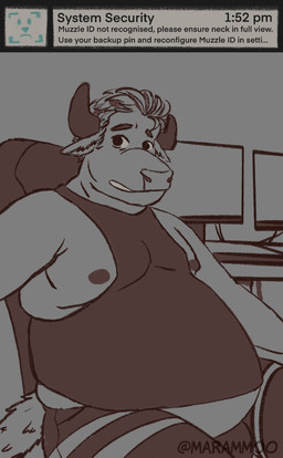 anthro big_nip chair clothing commentary computer_screen desk double_chin embarrased_horny embarrassed fat_folds furniture horn ill_fitting_clothing male nipples obese on_chair overweight sitting sitting_on_chair solo table text tight_clothing weight_gain mara_mmoo fattytober mara_(mara_mmoo) bovid bovine cattle mammal english_text hi_res sequence