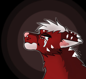 ambiguous_form ambiguous_gender black_outline bodily_fluids countershade_face countershading crying ear_markings fur hair half-closed_eyes markings narrowed_eyes outer_highlight outline pink_eyes pink_nose red_body red_fur sad side_view solo tears wavy_mouth white_hair white_markings white_outline unknown_artist canid canine mammal bust_portrait digital_media_(artwork) hi_res portrait