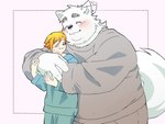 anthro blush bottomwear clothing duo hug hugging_another hugging_from_behind humanoid_hands kemono male pajamas pants simple_background slightly_chubby inunoshippo canid canine canis domestic_dog mammal 2024 4:3 hi_res