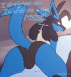 2019 annoyed anthro balls_outline blue_body blue_fur bulge bulge_from_behind butt canid canine clothing costume detailed_bulge dialogue digital_media_(artwork) dripponi english_text fur generation_4_pokemon genital_outline girly hi_res lattynskit lucario lying male mammal nintendo on_front pokemon pokemon_(species) question_mark raised_tail rear_view red_eyes snout solo tail text underwear