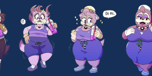 abdominal_bulge accessory age_progression airamy anthro beverage big_breasts blue_clothing blue_footwear blue_shoes breast_expansion breasts brown_clothing brown_gloves brown_handwear clothing collared_shirt container crossgender cup dress expansion eyewear eyewear_on_head facial_markings female filleduphog fingerless_gloves footwear fur gem gender_transformation gloves goggles goggles_on_head grey_clothing grey_footwear grey_shoes hair hair_accessory hair_bun handwear head_markings jewelry male markings mask_(marking) mature_female milkshake mtf_crossgender mtf_transformation multicolored_clothing necklace open_mouth open_smile overweight overweight_female pattern_clothing pattern_shirt pattern_topwear pearl_(gem) pearl_necklace polo_shirt purple_clothing purple_dress purple_eyes purple_makeup shirt shoes sipping smile solo striped_clothing striped_shirt striped_topwear stripes tail teal_hair text thick_thighs topwear transformation tusks weight_gain white_body white_clothing white_fur white_gloves white_handwear sega sonic_boom sonic_the_hedgehog_(series) lady_walrus_(sonic_boom) palette_(palettethepainter) vanilla_the_rabbit aquatic canid canine mammal pinniped raccoon_dog tanuki walrus absurd_res alpha_channel english_text hi_res sequence