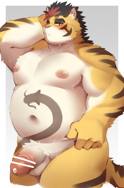 anthro belly blush bodily_fluids erection fur genital_fluids genitals male musclegut muscular navel nipples nude overweight pecs penis precum solo striped_body striped_fur stripes tattoo yellow_body yellow_fur ptcmtr tamacolle hitachi_(tamacolle) felid mammal pantherine tiger absurd_res hi_res
