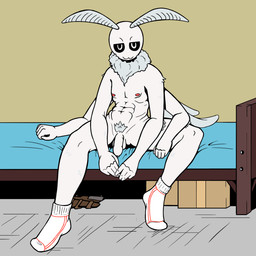 4_arms abs anthro balls bed black_sclera clothing flaccid footwear footwear_only foreskin furniture genitals humanoid_genitalia humanoid_penis inside male mostly_nude multi_arm multi_limb on_bed penis pubes sitting sitting_on_bed socks socks_only solo unretracted_foreskin white_body white_eyes wings evennumbers shock_trooper_(artist) fan_character arthropod insect 1:1 hi_res