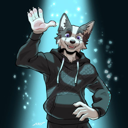 anthro black_bottomwear black_clothing black_eyebrows black_hoodie black_inner_ear_fluff black_nose black_pants black_topwear blue_glow bottomwear cheek_tuft claws clothed clothed_male clothing drawstring ear_piercing ear_ring eyebrows facial_tuft fully_clothed fully_clothed_male gesture hand_on_hip hoodie inner_ear_fluff looking_at_viewer male male_anthro neck_tuft pants pawpads piercing pink_pawpads purple_eyes ring_piercing smile solo sparkles teeth text text_on_clothing tongue topwear tuft waving waving_at_viewer whisker_spots white_claws alibi_47 border_collie canid canine canis collie domestic_dog herding_dog mammal pastoral_dog sheepdog 1:1 2024 hi_res signature