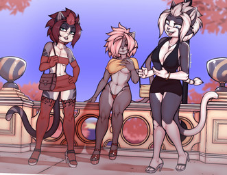 anthro biped bottomwear breasts clothed clothing female grey_body group hair holding_breast legwear miniskirt pink_hair pupils skirt smile tail thigh_highs topwear trio white_hair wide_hips luraiokun domestic_cat felid feline felis mammal hi_res