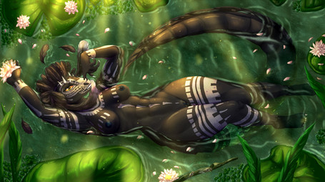 anthro blue_nipples blue_vulva bodypaint breasts dark_body detailed_background face_paint feather_hair feathers female floating floral flower genitals grin lily_pad looking_at_viewer lying muscular muscular_female nipples on_back orange_eyes petals plant pseudo_hair smile solo thick_thighs vulva water water_lily henyoki microsoft the_elder_scrolls the_elder_scrolls_online situth_(varlastreak) argonian arthropod cicada insect scalie true_bug 16:9 4k absurd_res hi_res widescreen