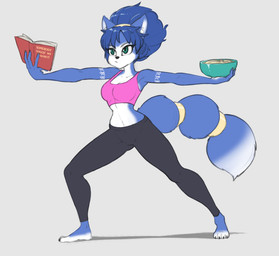 4_toes accessory afro anthro barefoot blue_body blue_fur blue_hair book bottomwear claws clothing dipstick_tail feet female food fur furgonomics green_eyes hair hair_accessory hairband markings pants pasta plantigrade solo spaghetti tail tail_accessory tail_markings tailband toes warrior_pose_(yoga) yoga yoga_pants skecchiart nintendo star_fox krystal_(star_fox) canid canine fox mammal hi_res