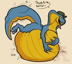 anthro anthro_pred belly big_belly blue_body blue_scales clothing death dialogue digestion digestion_noises fatal_vore hat headgear headwear huge_belly hyper hyper_belly lying male on_front scales solo speech_bubble tail_bulge tail_stomach vore yellow_body yellow_scales tech_coyote stahl_(stalvelle) cobra reptile scalie snake hi_res