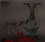 accessory anthro antlers blood bodily_fluids bottomwear claws clothing creepy duo female female/female flesh glowing glowing_eyes gore hooves horn loincloth markings symbol hunamarts american_mythology indigenous_north_american_mythology inktober_2024 mythology north_american_mythology nyx_(hunam) vera_(hunam) deer mammal monster wendigo