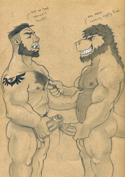 abs anthro arm_tattoo balls barazoku beard belly_grab biceps bodily_fluids body_hair chest_hair dripping erection eye_contact facial_hair facial_piercing foreplay foreskin genital_fluids genitals grin happy_trail holding_penis humanoid_on_anthro humanoid_pointy_ears interspecies looking_at_another looking_at_partner male male/male mane masturbation mature_male musclegut muscular nipple_fetish nipple_piercing nipple_pinch nipple_play nipple_ring nipples nose_piercing nose_ring nude partially_retracted_foreskin pecs penile penile_masturbation penis piercing pinch pointy_ears precum precum_drip ring_piercing sharp_teeth shoulder_tattoo side_view simple_background smile standing tan_background tattoo teeth textured_background trapezius triceps tusks undercut tush_(artist) gorbash_(nkz) tyrell_(nkz) dinosaur humanoid orc prehistoric_species reptile scalie 2017 hi_res monochrome portrait sepia three-quarter_portrait