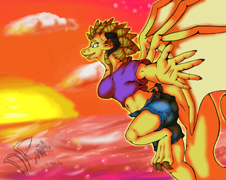 anthro breasts claws clothing cloud female horn looking_at_viewer membrane_(anatomy) membranous_wings non-mammal_breasts open_mouth orange_sky outside scales sea sky smile solo star sun sunset tail water wings darkfoxen mythology dragon mythological_creature mythological_scalie scalie 2014 5:4