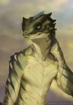 anthro blurred_background green_body green_eyes green_scales hand_on_neck head_turned looking_forward male scales solo spikes spikes_(anatomy) striped_body stripes text nomax conway_(game) julian_(nomax) lizard reptile scalie 2023 digital_media_(artwork) half-length_portrait hi_res portrait url