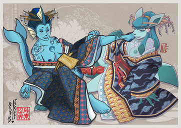 anthro asian_clothing breasts clothing dildo dildo_in_vagina dildo_insertion double_dildo duo east_asian_clothing female female/female frill_(anatomy) genitals hair japanese_clothing kimono nipples penetration pokeball pokemorph pseudo_hair sex_toy sex_toy_in_vagina sex_toy_insertion text vaginal vaginal_penetration vulva conditional_dnp edge-chan loupgarou nintendo pokemon eeveelution generation_1_pokemon generation_4_pokemon glaceon pokemon_(species) vaporeon japanese_text