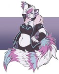 5_fingers anthro bottomwear claws clothed clothed_anthro clothed_female clothing female finger_claws fingers front_view fully_clothed fully_clothed_anthro fully_clothed_female fur hair hand_behind_head hand_on_hip hand_on_own_hip handpaw inner_ear_fluff long_tail looking_at_viewer markings navel open_clothing open_topwear paws purple_eyes simple_background smile solo standing striped_markings striped_tail stripes tail tail_markings teeth topwear tuft white_body white_fur white_hair white_tail mocha-wing felid mammal pantherine tiger 2025 digital_media_(artwork) hi_res