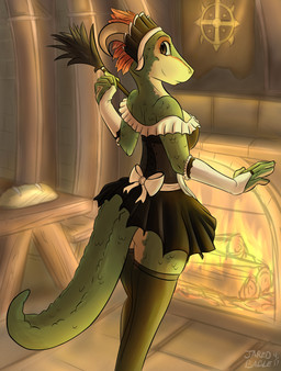 5_fingers anthro banner biped bread breasts brown_eyes clothed clothing detailed_background eyebrows feathers female fingers fire fireplace food furniture green_body green_scales headdress holding_object horn humanoid_hands inside legwear looking_at_viewer looking_back looking_back_at_viewer maid_uniform non-mammal_breasts pupils rear_view scales slit_pupils smile snout solo table thigh_highs uniform wood infinitedge microsoft the_elder_scrolls the_lusty_argonian_maid lifts-her-tail argonian scalie 2017 hi_res