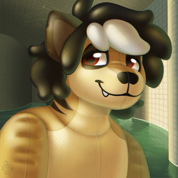 ambiguous_gender anthro black_hair black_nose brown_body hair inflatable looking_at_viewer red_eyes snaggle_tooth solo tan_body water trashyote poolrooms ranek animate_inanimate herpestid hybrid living_inflatable mammal meerkat 1:1 2026 digital_drawing_(artwork) digital_media_(artwork) english_description