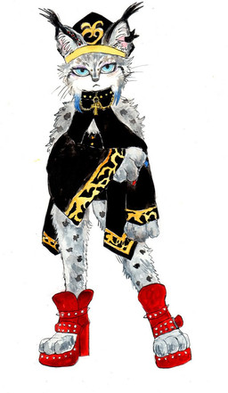 anthro biped blue_eyes boots clothed clothing collar cross cross_necklace feet female footwear fur grey_body grey_fur hat headgear headwear high_heels jewelry looking_at_viewer necklace platform_footwear platform_heels shoes simple_background solo spots standing toes white_background kyokyota felid feline lynx mammal 2016 traditional_media_(artwork)